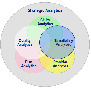 CMS Analytical Subject Areas; Figure is a Venn diagram shows five intersecting circles enclosed in a large circle to illustrate that Strategic Analytics can be performed in each Subject Area: Claim, Beneficiary, Provider, Plan, and Quality. The Analytic circles overlap to form a Venn diagram to suggest that the BI Analytic Framework enables “cross-organizational analytics” in an integrated performance analytics environment.